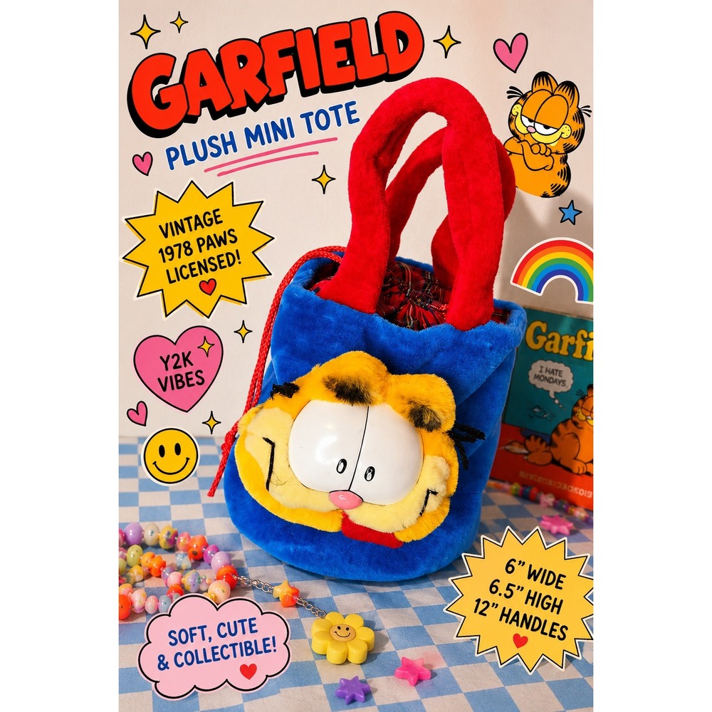 Vintage Garfield Plush Mini Tote Bag 1978 Paws Cartoon Bucket Purse Licensed